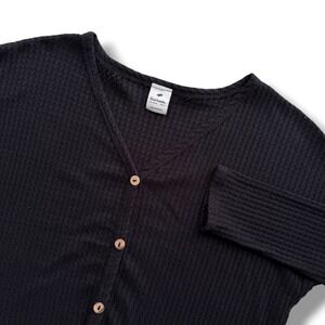 Lovemarks Women's XS Black Waffle Knit Tie Front Button Thermal Top Blouse Boho